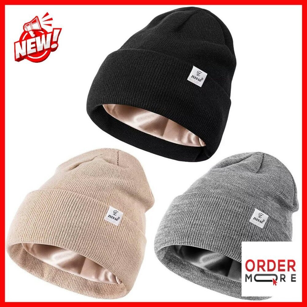 Satin Lined Winter Beanie Set 3 Pack Unisex Warm Knit Hat